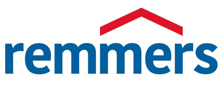 Remmers Logo von Remmers mit blauen Buchstaben und rotem Dachsymbol.