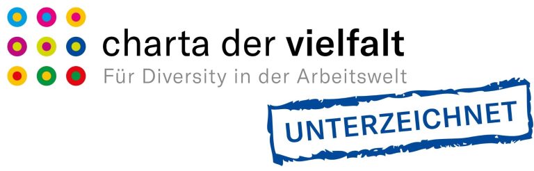 Charta der Vielfalt Logozusammenstellung: Charta der Vielfalt mit dem Schriftzug „Unterzeichnet“.