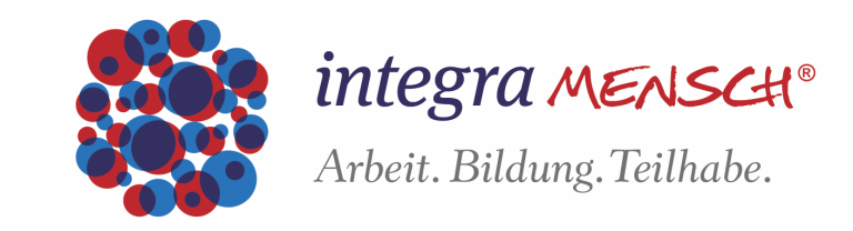 integra MENSCH Logo von Integra Mensch mit den Worten "Arbeit, Bildung, Teilhabe" und bunten Punkten.