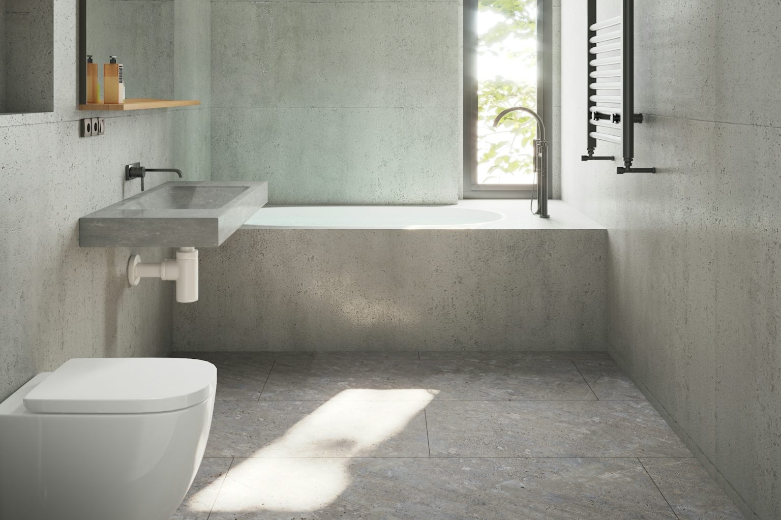 Natursteinarbeiten Modernes Badezimmer mit grauen Wänden, WC und Fenster für Tageslicht.